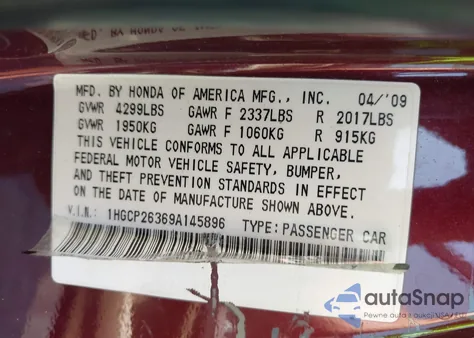 2009 Honda Accord 2.4 Lx из США, поврежденный, VIN 1HGCP26369A145896